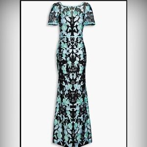 Marchesa Notte Short Sleeve Embroidered Column Gown Black Tie Lace